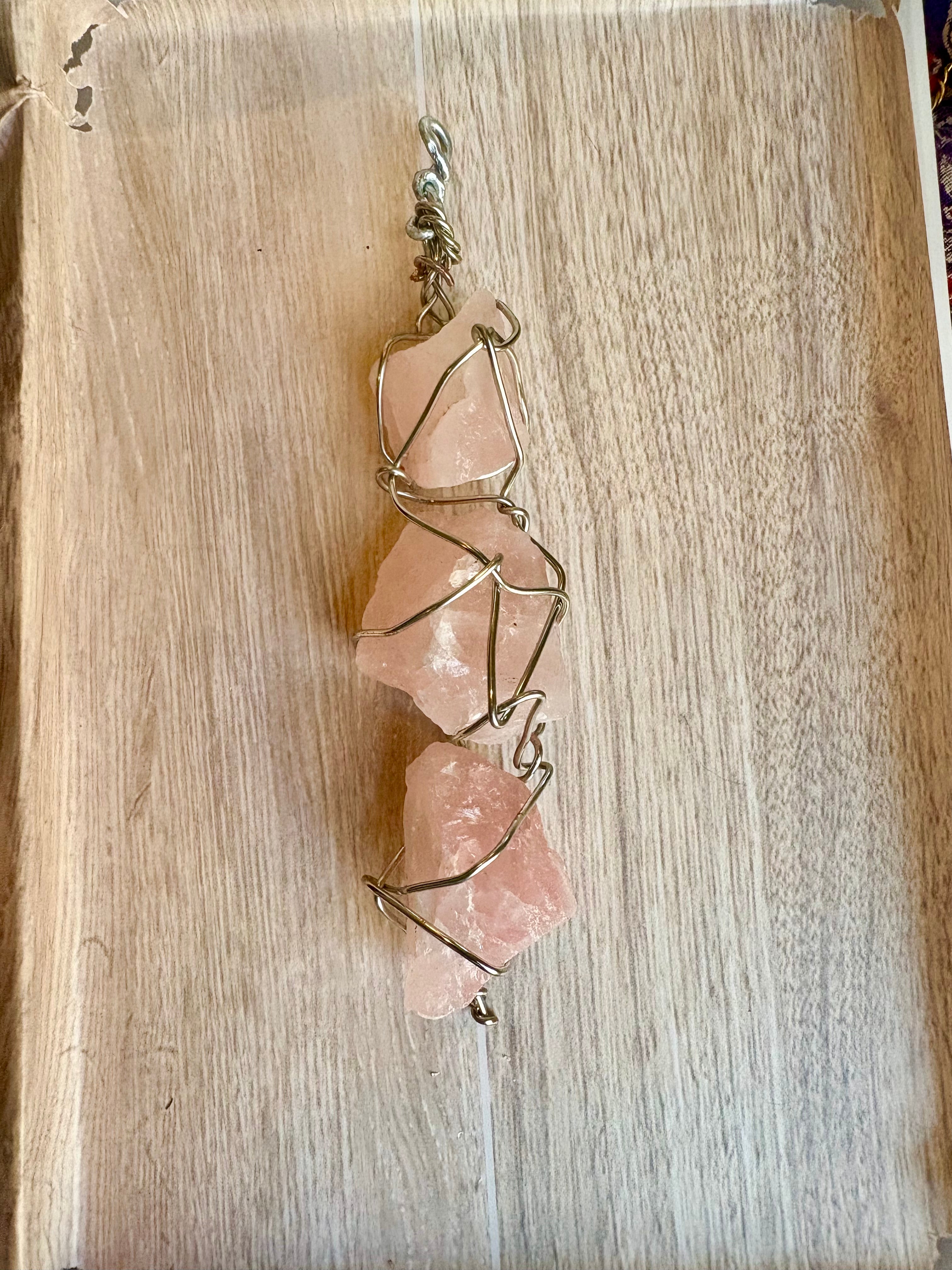 Rose Quartz Triple Chunky Pendant – Handmade Raw Crystal Wall Hanging