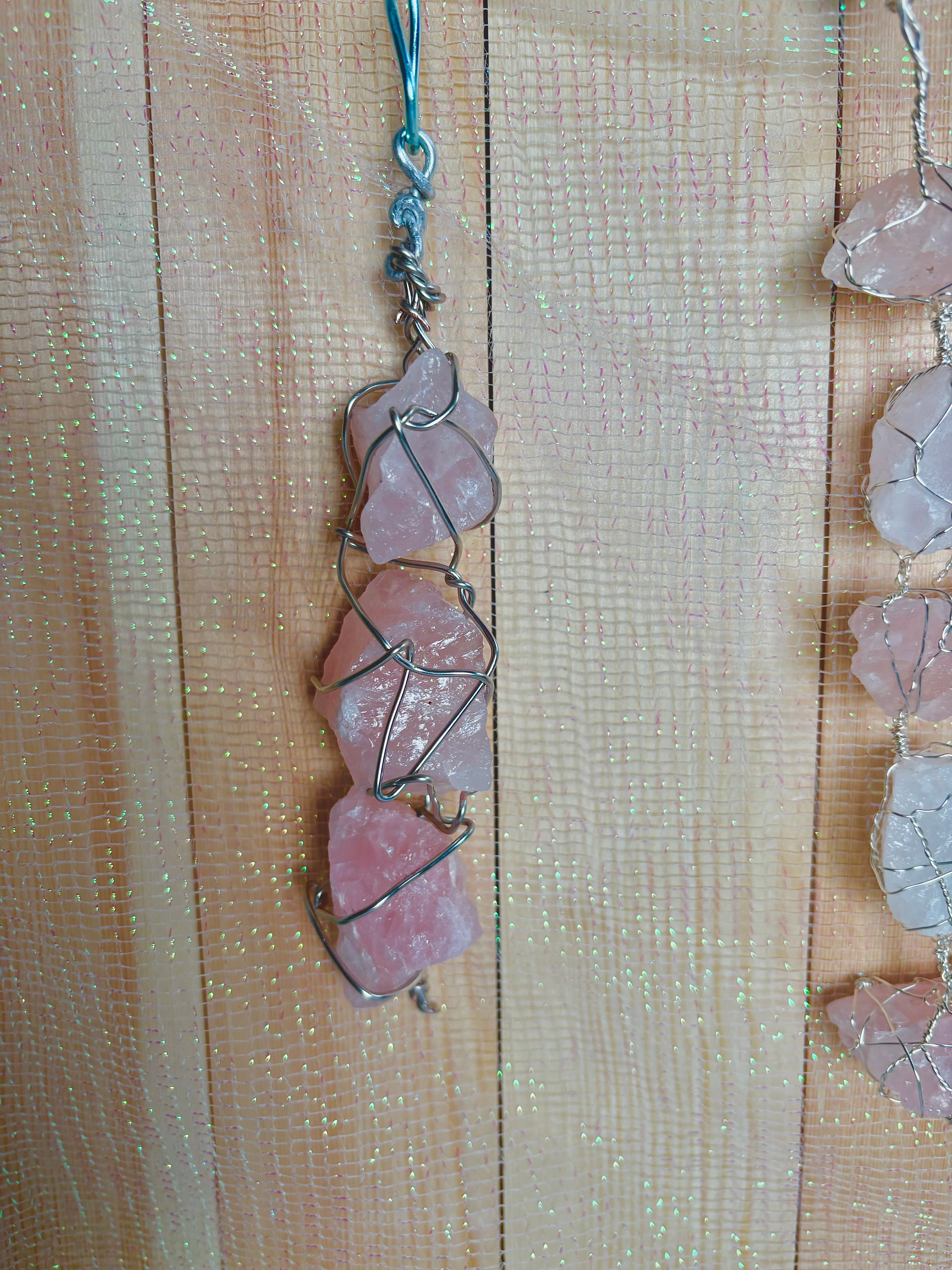 Rose Quartz Triple Chunky Pendant – Handmade Raw Crystal Wall Hanging