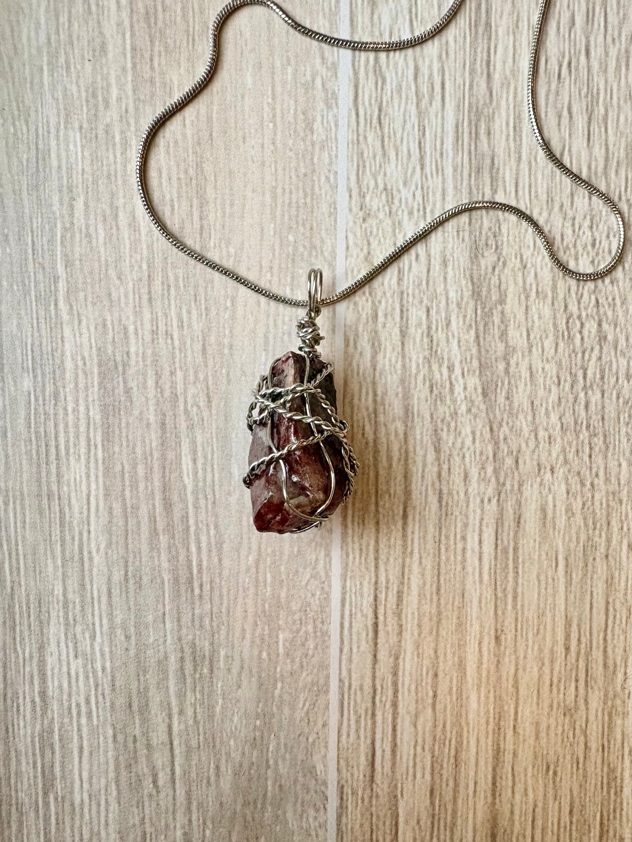 Red Calcite Crystal Necklace – Handmade Raw Pendant