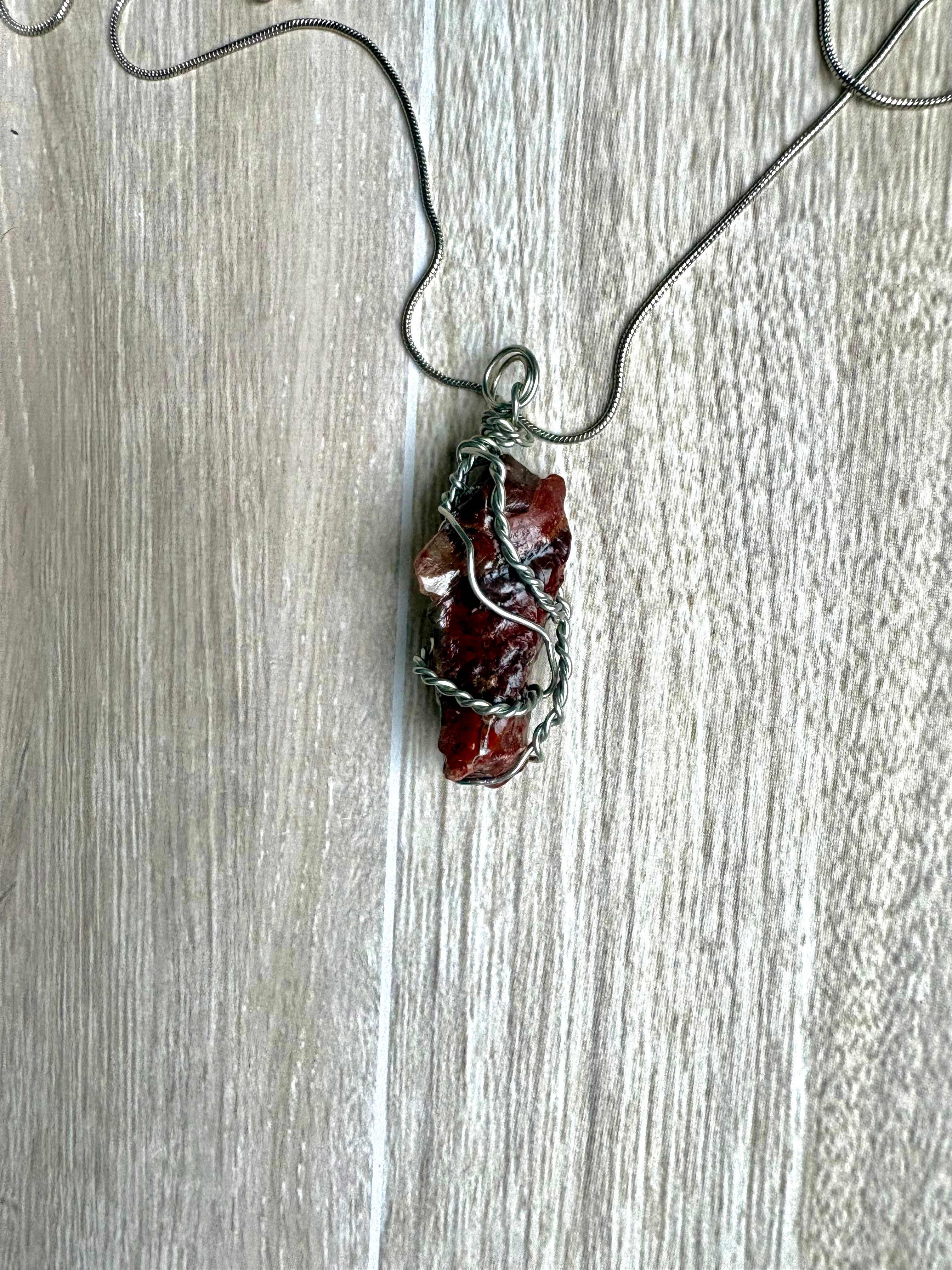 Red Calcite Crystal Necklace – Handmade Wire Wrapped Large Pendant