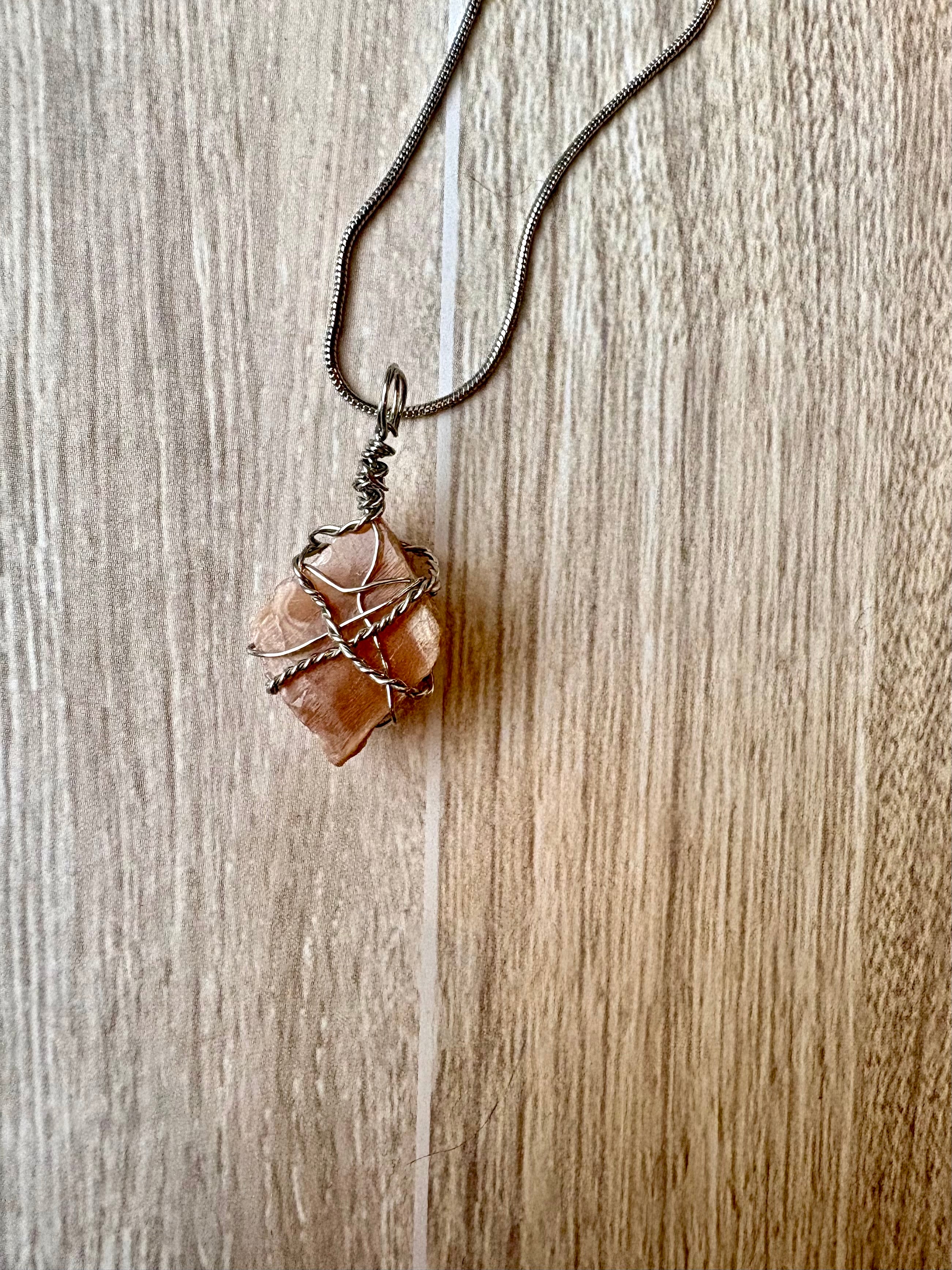 Peach Moonstone Crystal Necklace – Handmade Wire Wrapped Raw Stone