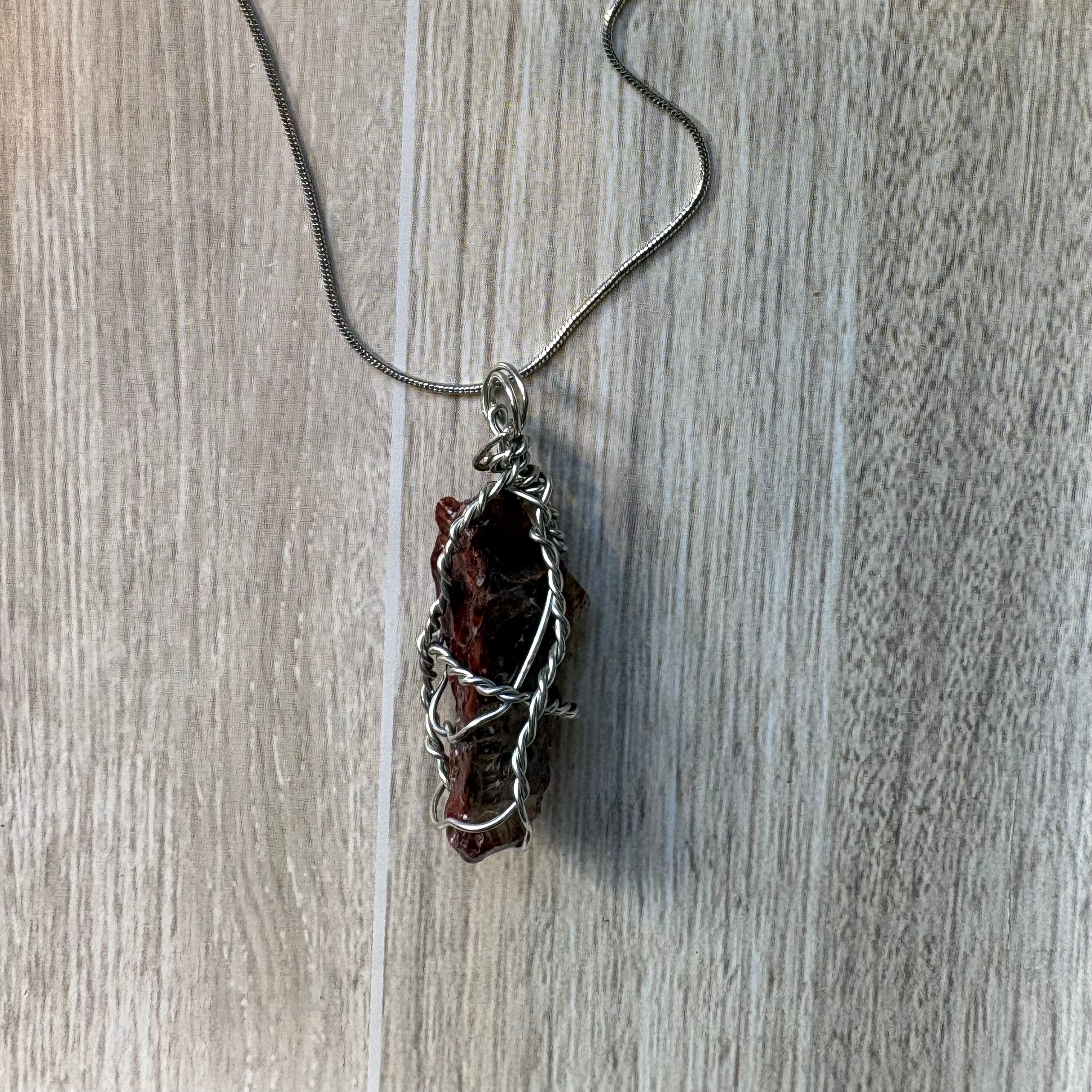Red Calcite Crystal Necklace – Handmade Wire Wrapped Large Pendant