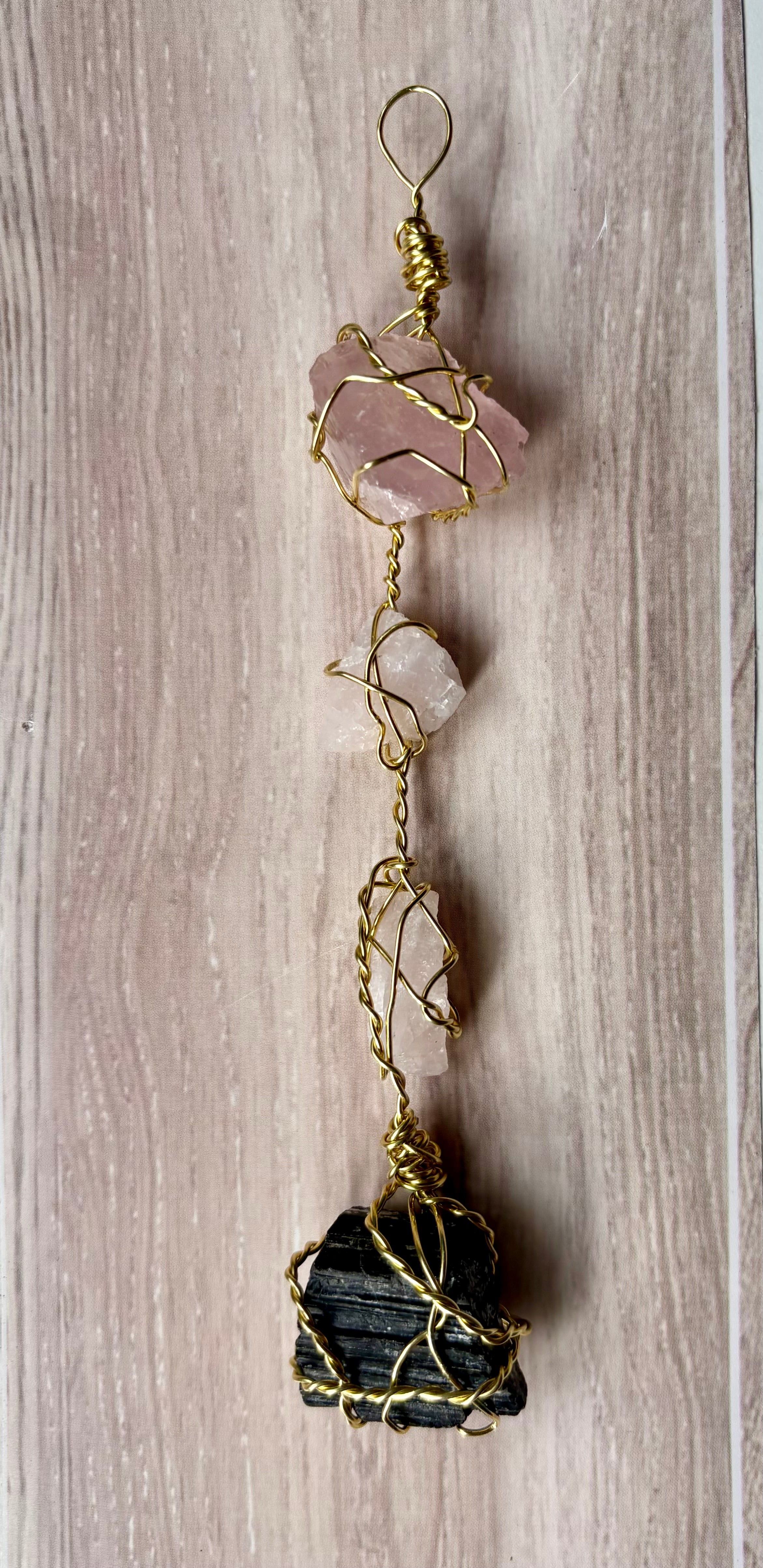 Morganite, Quartz & Tourmaline Wire Wrapped Pendant – Handmade Crystal Wall Decor