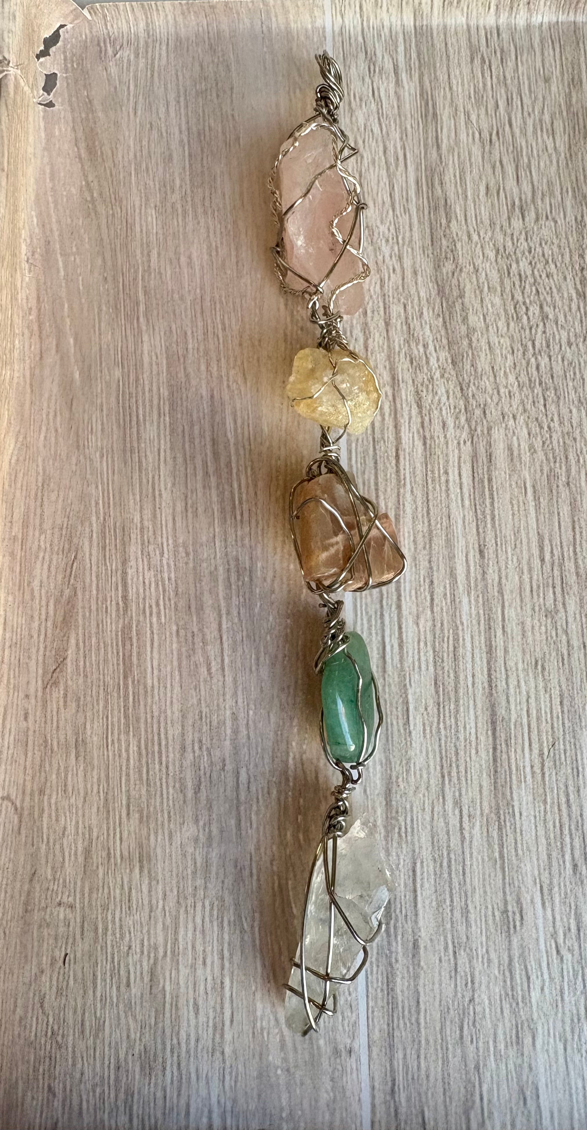 Multi-Crystal Wire Wrapped Pendant – Rose Quartz, Citrine, Moonstone, Aventurine & Herkimer Diamond