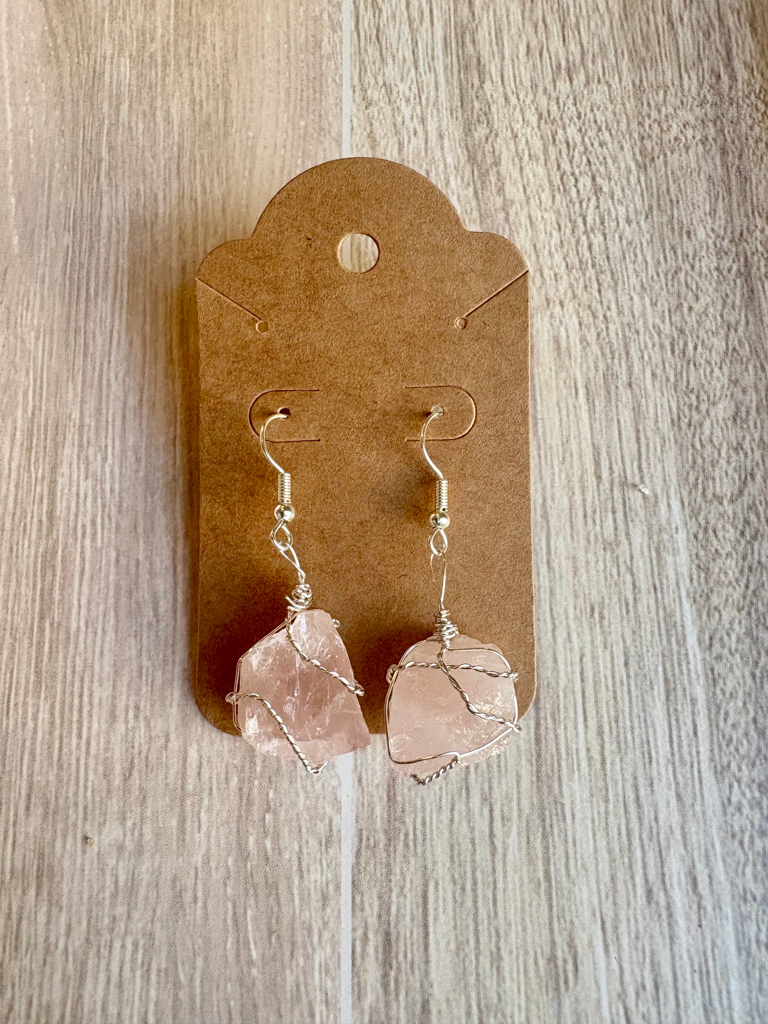 Rose Quartz Crystal Earrings – Wire Wrapped Raw Stone