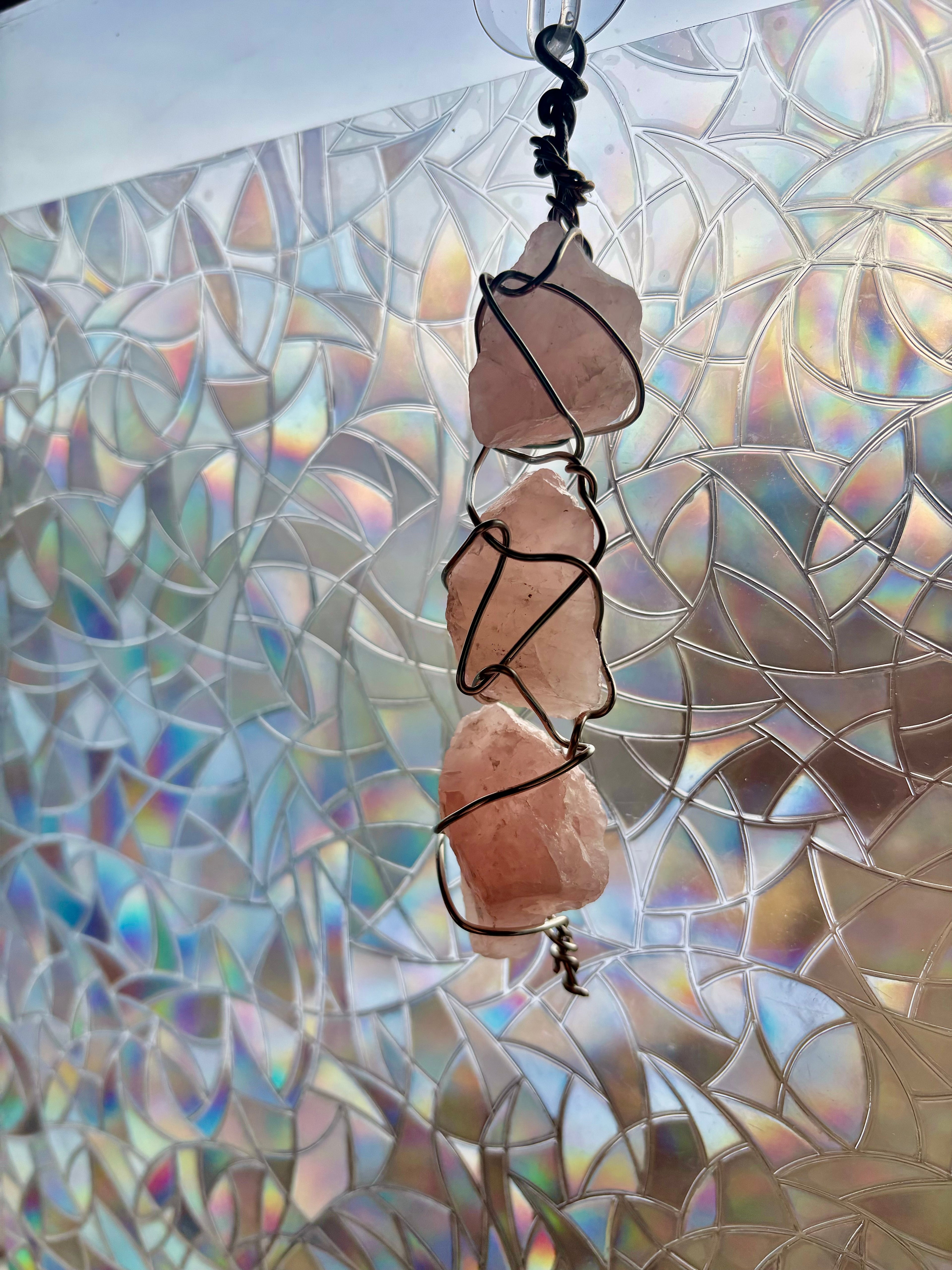 Rose Quartz Triple Chunky Pendant – Handmade Raw Crystal Wall Hanging