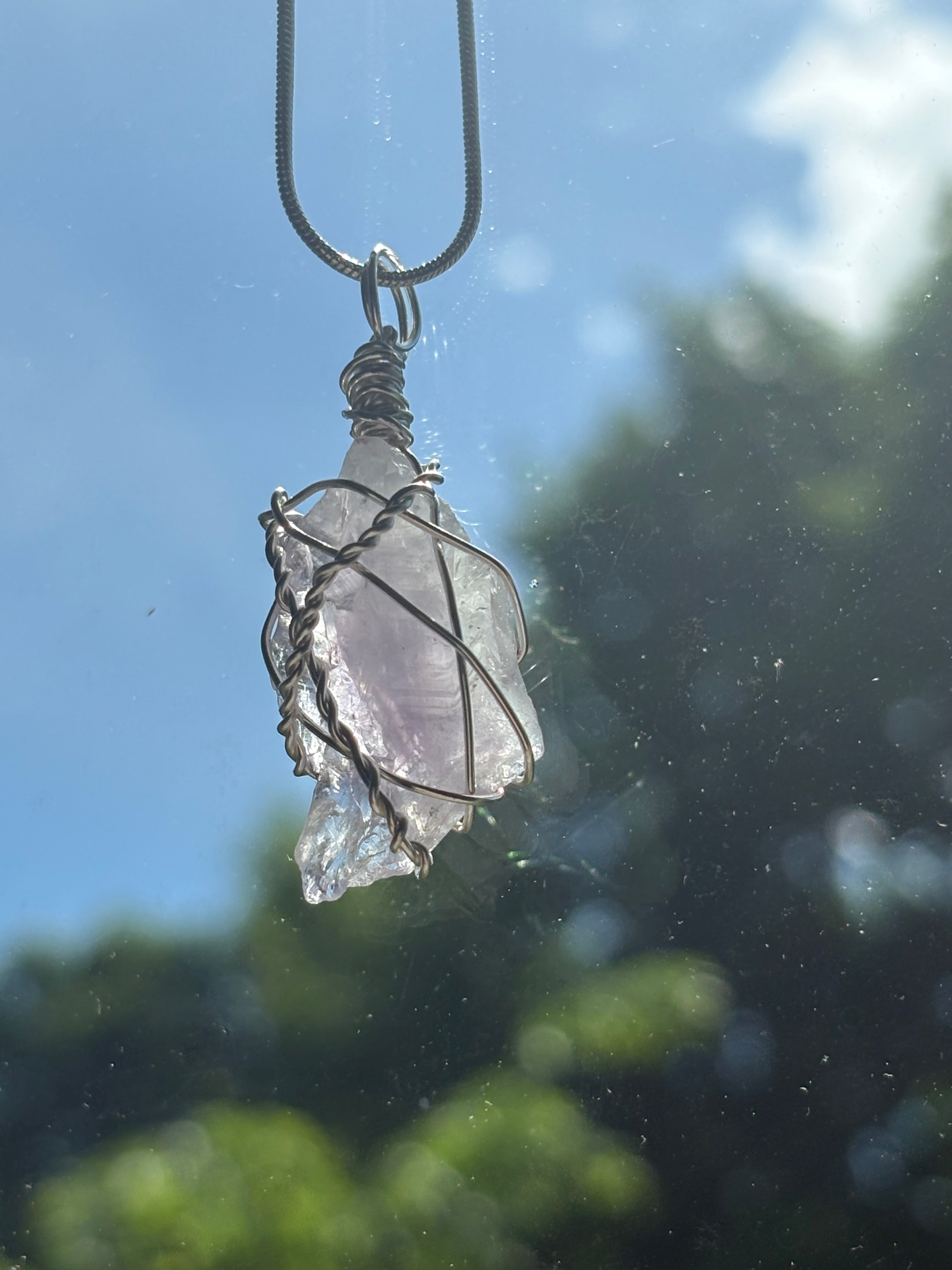 pale amethyst crystal wrapped in copper wire , light purple necklace made from natural stone