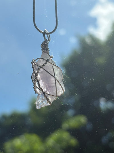 pale amethyst crystal wrapped in copper wire , light purple necklace made from natural stone