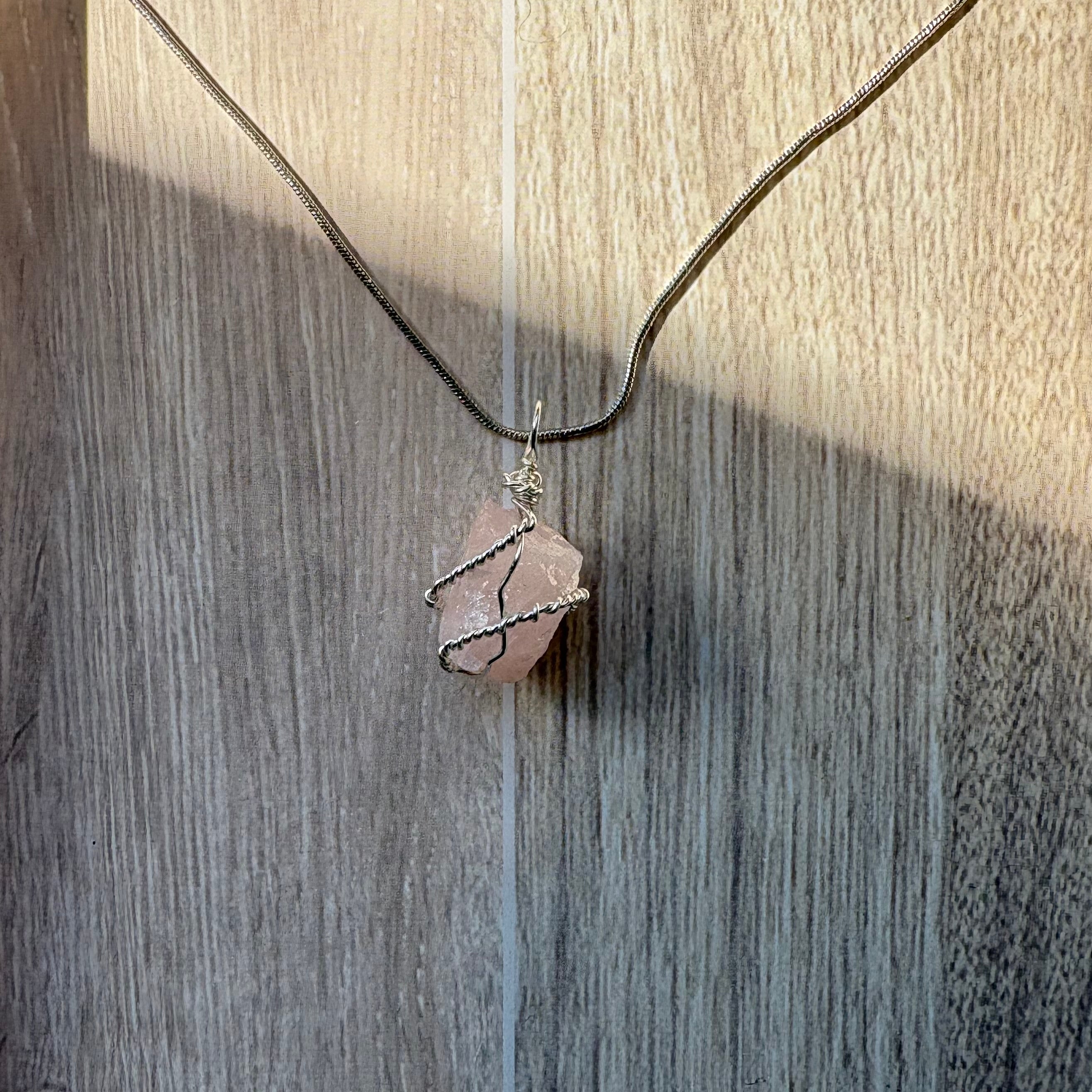 Rose Quartz Crystal Necklace – Handmade Wire Wrapped Raw Stone