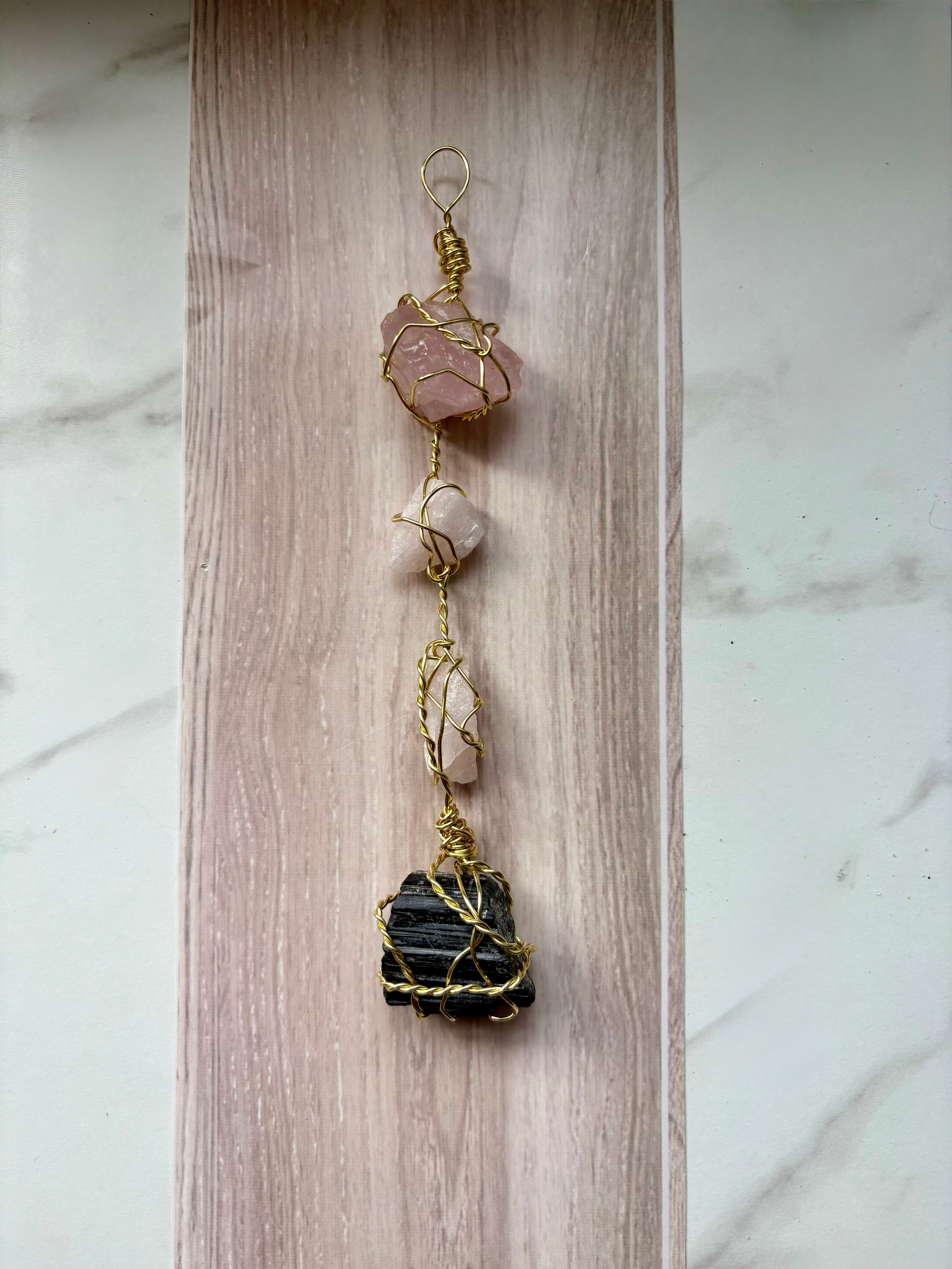 Morganite, Quartz & Tourmaline Wire Wrapped Pendant – Handmade Crystal Wall Decor
