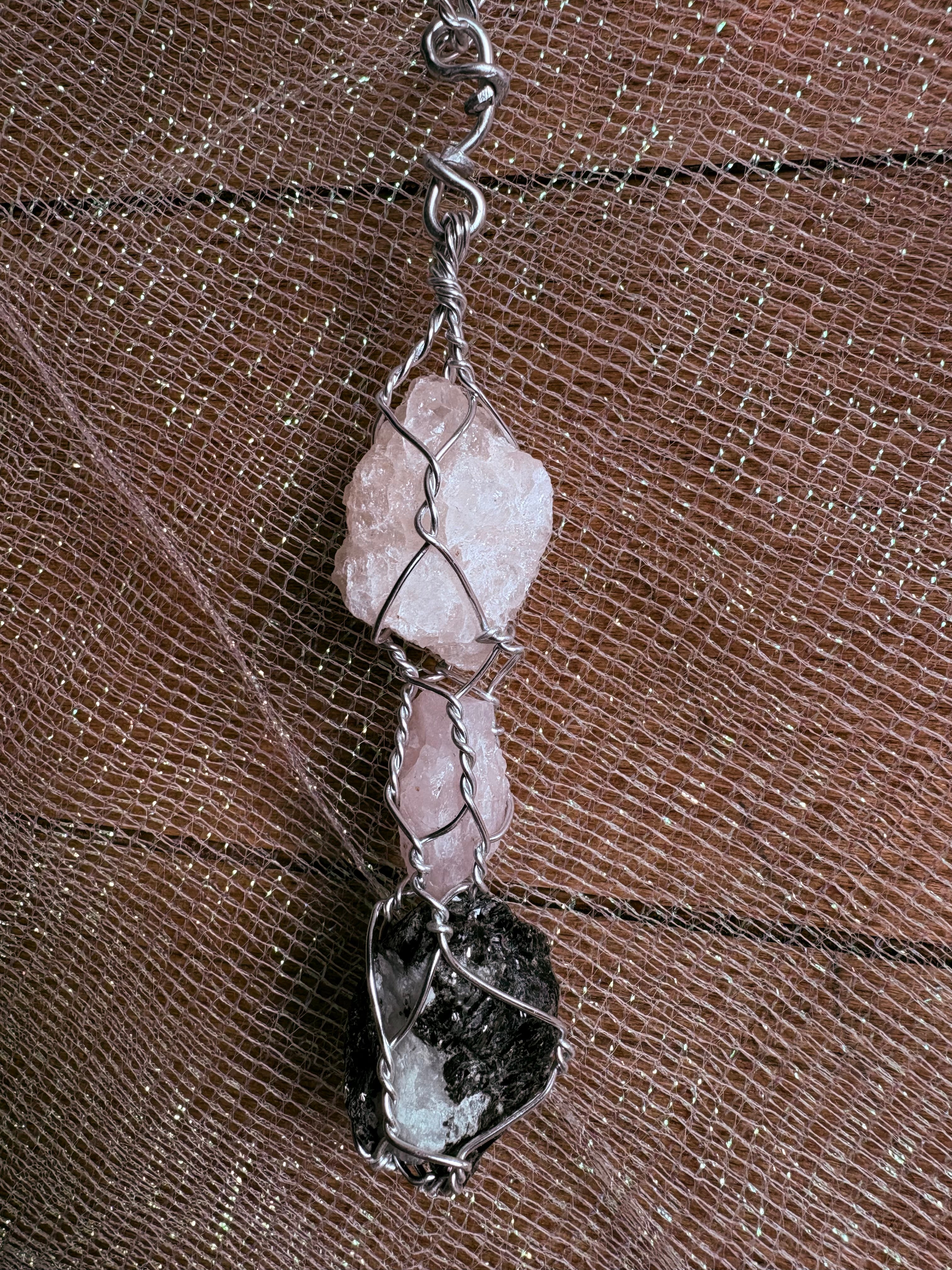 Quartz & Tourmaline Wire Wrapped Pendant – Handcrafted Yin Yang Crystal