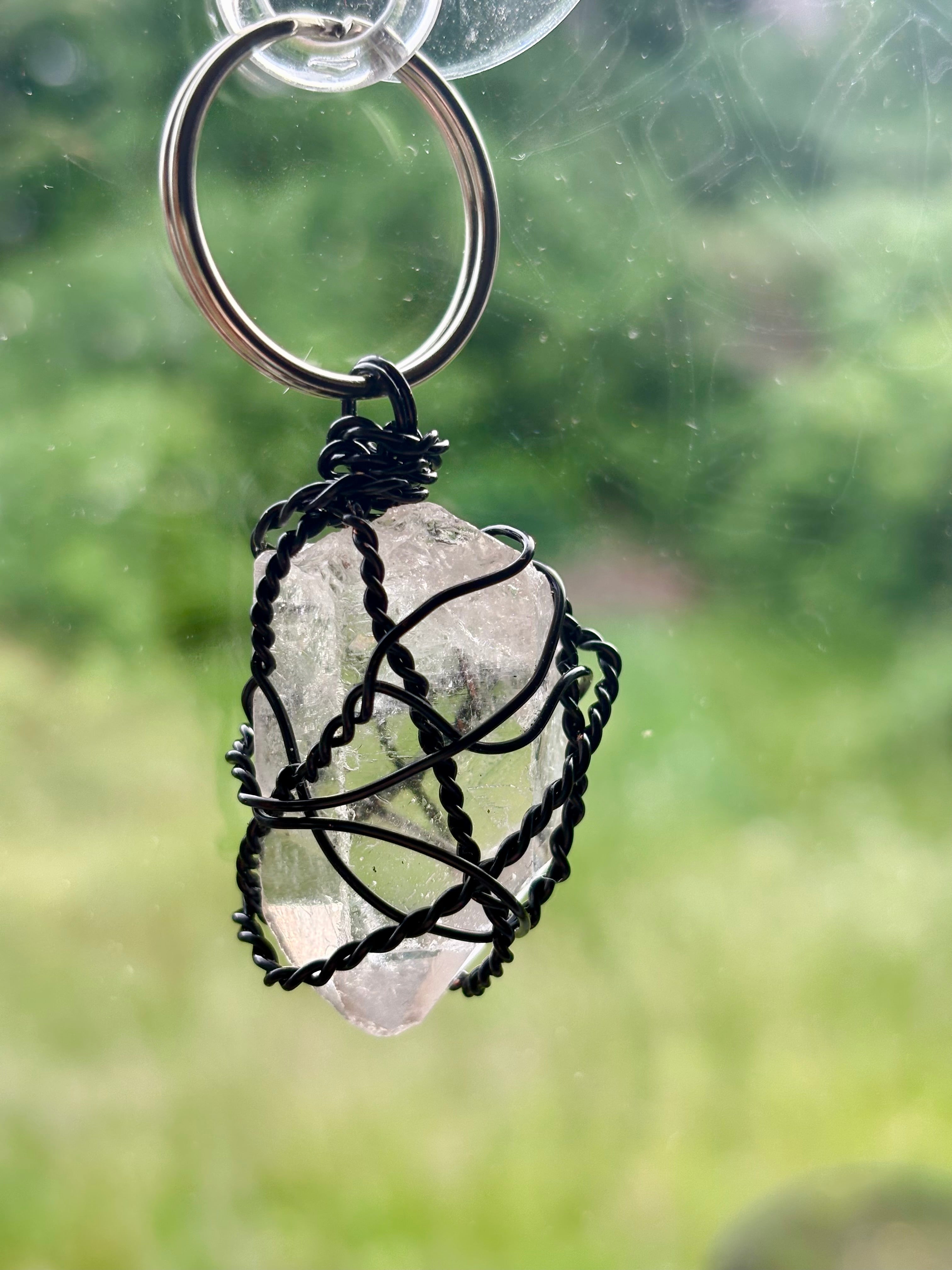 Clear Quartz Keychain Black Wire
