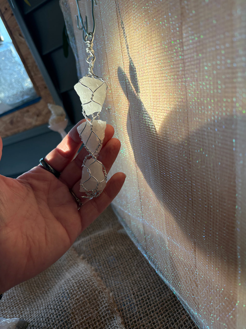 Milky Quartz Triple Pendant – Handmade Wire Wrapped Crystal Decor