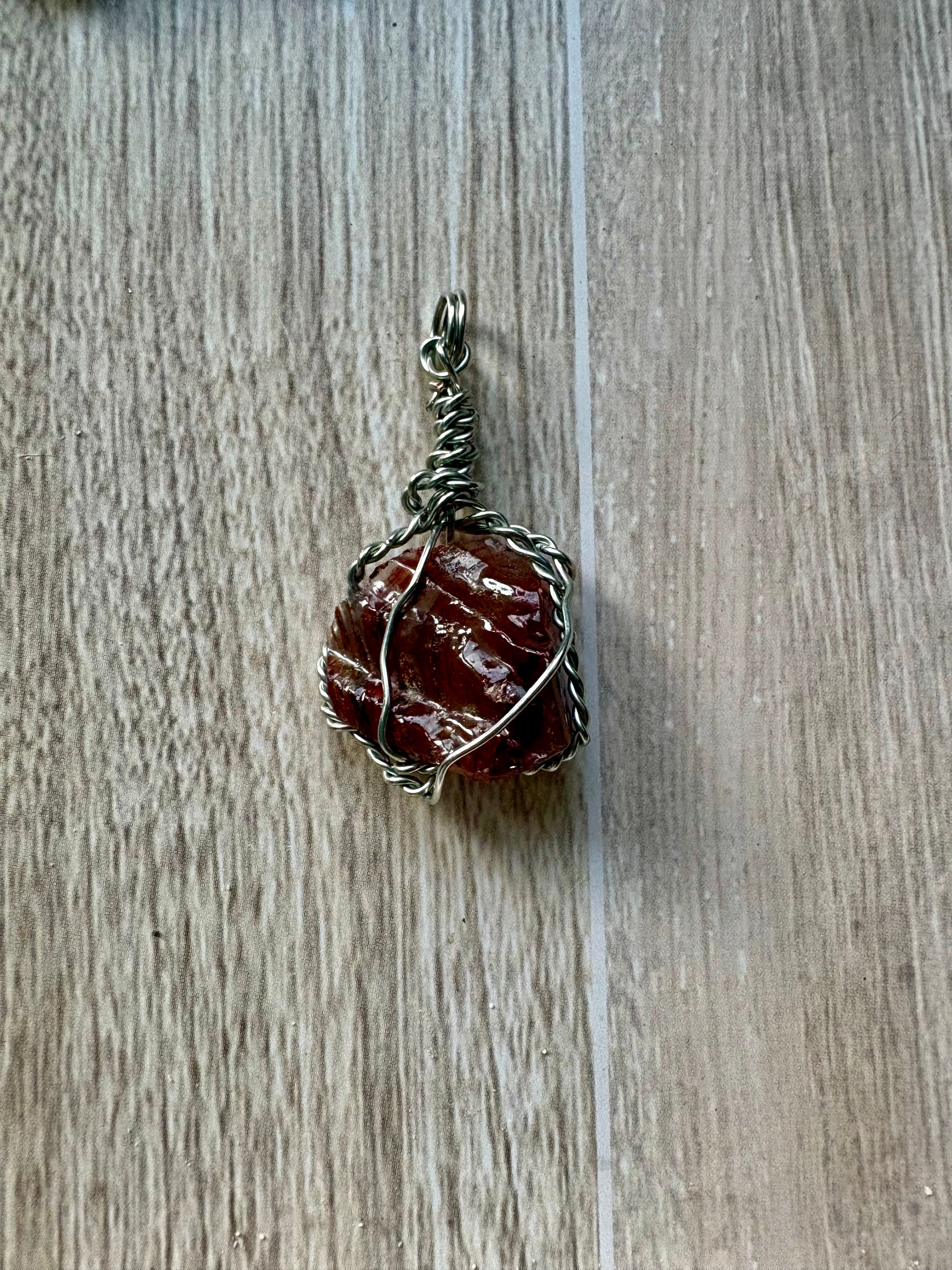 Red Calcite Crystal Necklace – Handmade Wire Wrapped Raw Stone