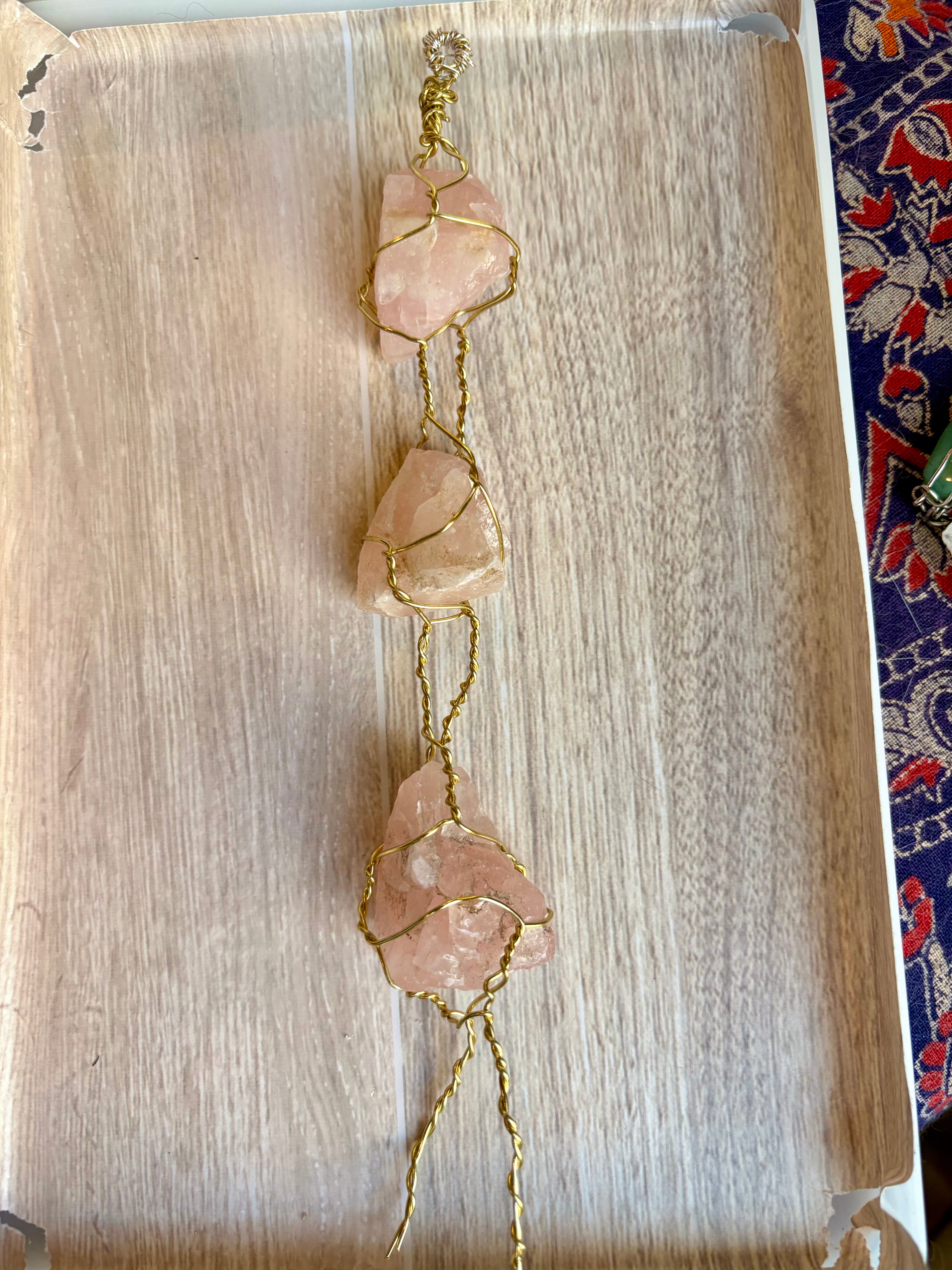 Rose Quartz Triple Pendant – Handcrafted Wire Wrapped Crystal Decor
