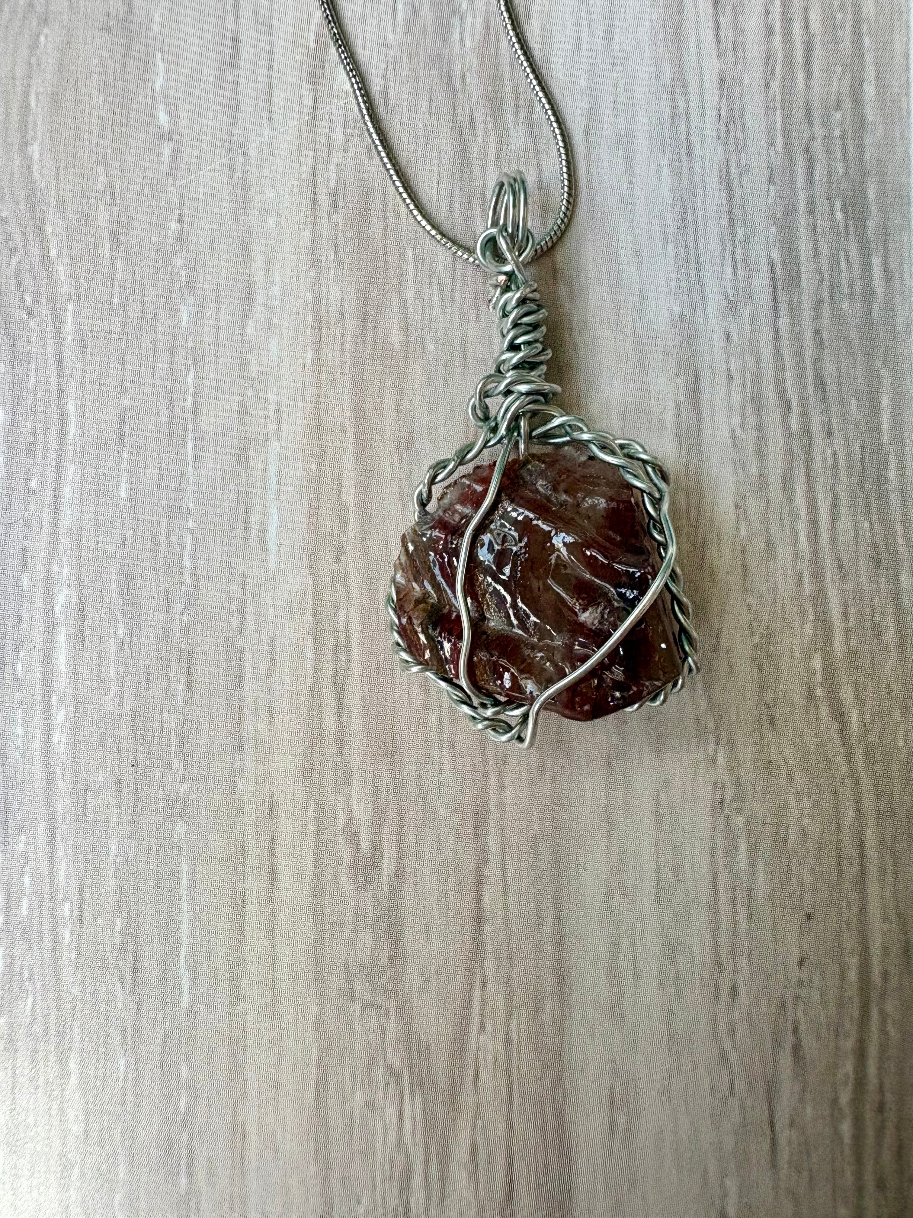 Red Calcite Crystal Necklace – Handmade Wire Wrapped Raw Stone