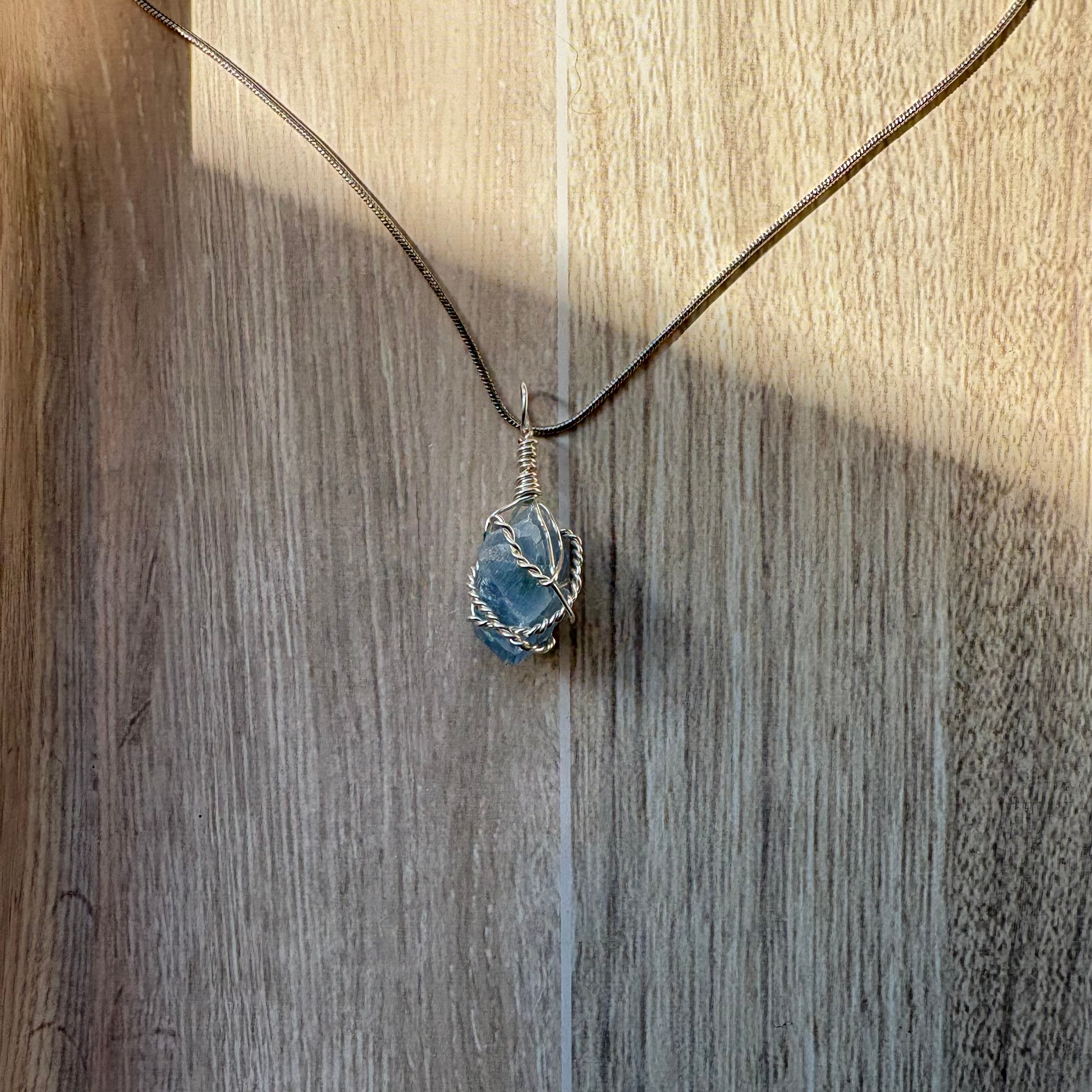 Blue Calcite Crystal Necklace – Handmade Wire Wrapped Raw Stone