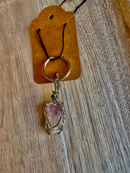 Keychain with light purple amethyst stone and silver wire wrapping 