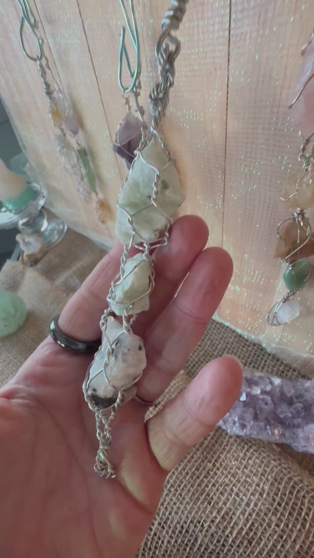 Rainbow Moonstone Triple Pendant – Handmade Wire Wrapped Sun-Catcher